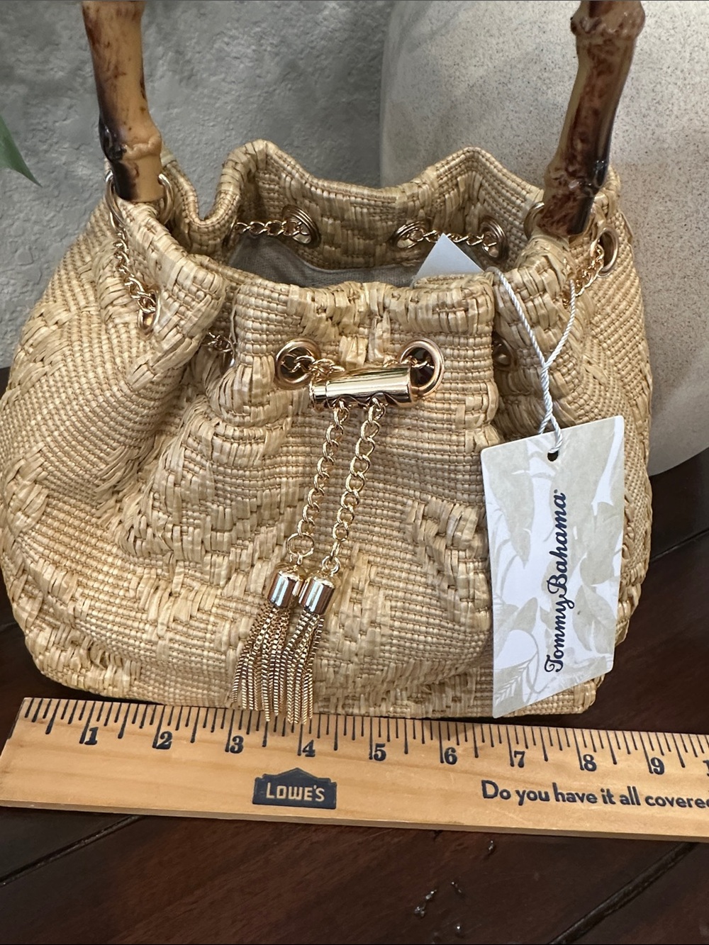 Tommy Bahama Natural Straw Hobo with Bamboo Handle and Gold Tassel - Picture 7 of 9